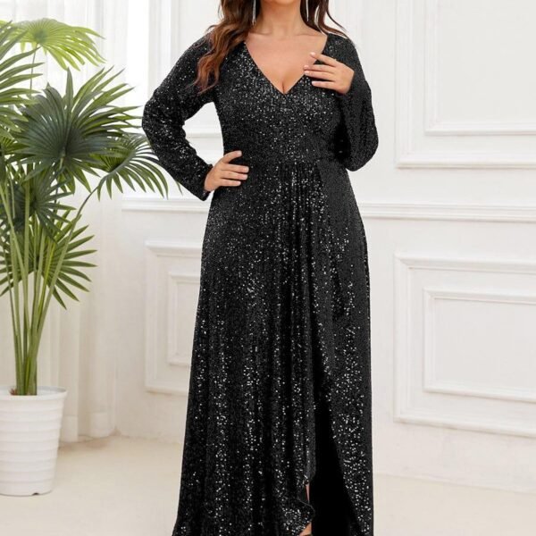 Plus Size Sequin V-Neck Long Sleeve High Slit Bodycon Evening Dress