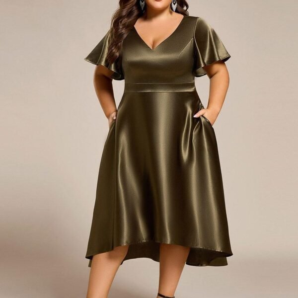 Plus Size Satin Midi Wedding Guest Dress with Pockets