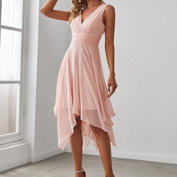 V Neck Ruched Asymmetrical Hems Midi Chiffon Bridesmaid Dress