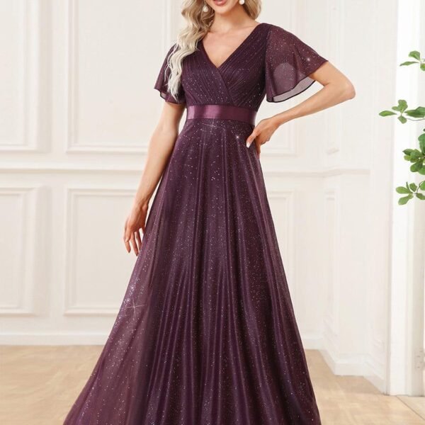 Sparkling Short Sleeve V-Neck Ribbon Waist A-Line Evening Dress