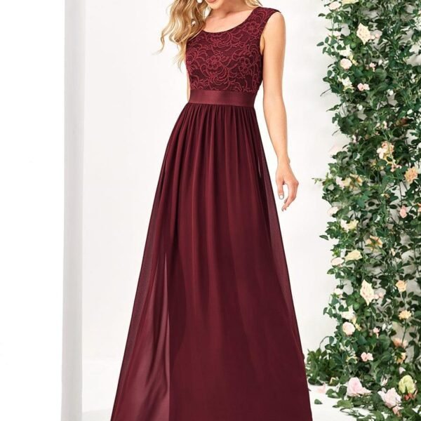 Classic Round Neck V Back Lace Bodice Bridesmaid Dress
