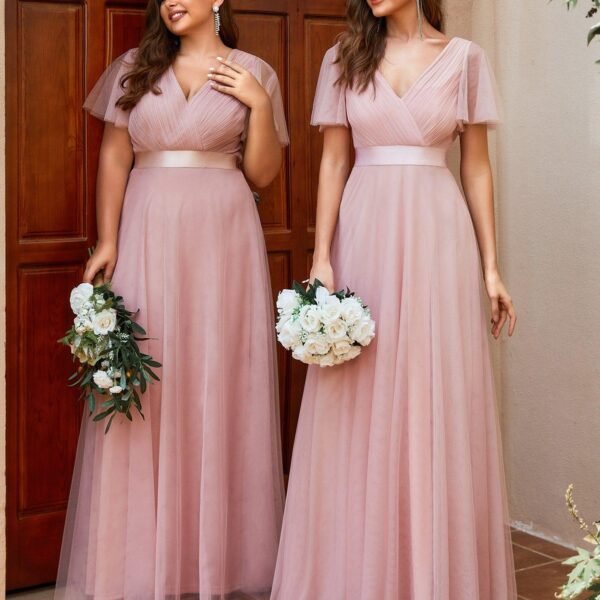 Double V-Neck Floor-Length Short Sleeve Tulle Bridesmaid Dresses